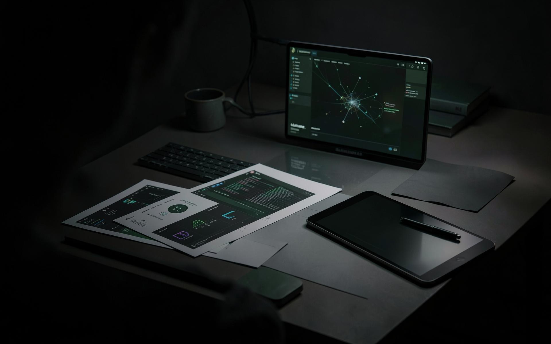 Interface design boards and a tablet on a dark studio desk