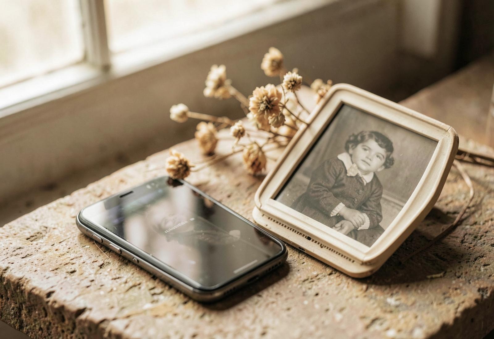 A phone beside a framed family photograph and dried flowers