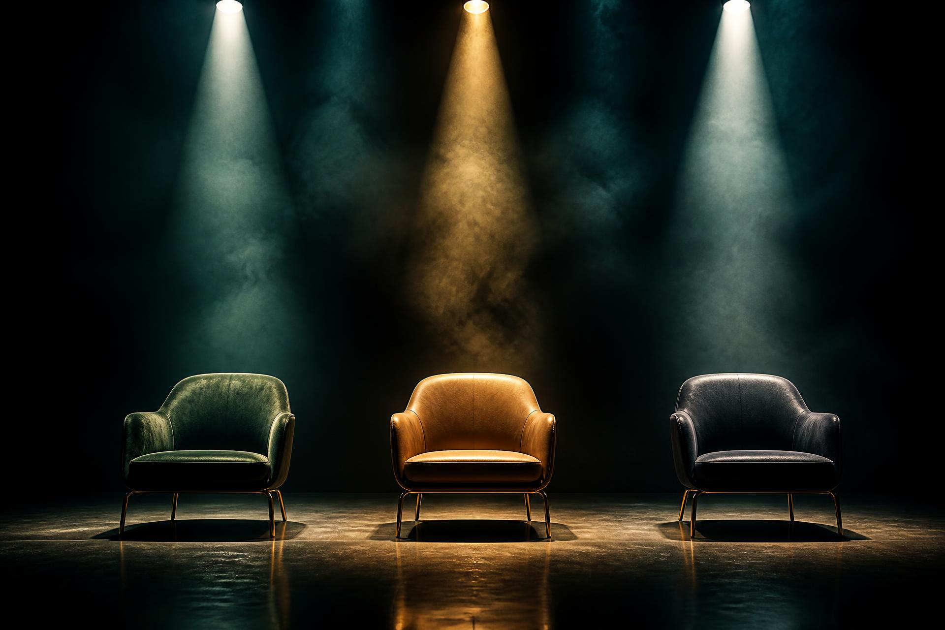 Three empty premium chairs under focused spotlights
